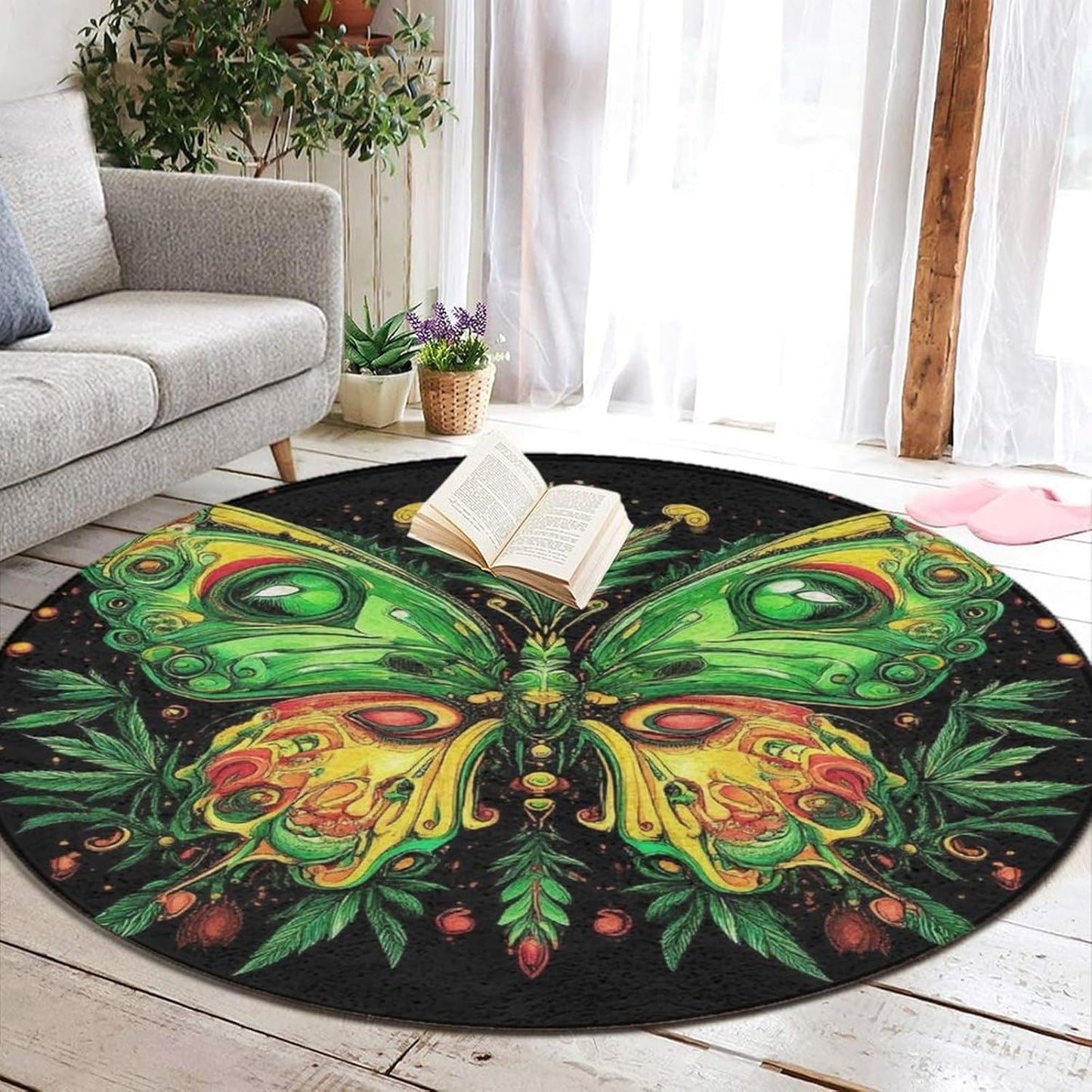 Machine Washable Modern Round Area Rug, Room Sofa Yoga Soft Round Carpet, Home Decor Non Slip Kitchen Office Circle Rug Union Jack Flag UK Mandala Art, 60inch