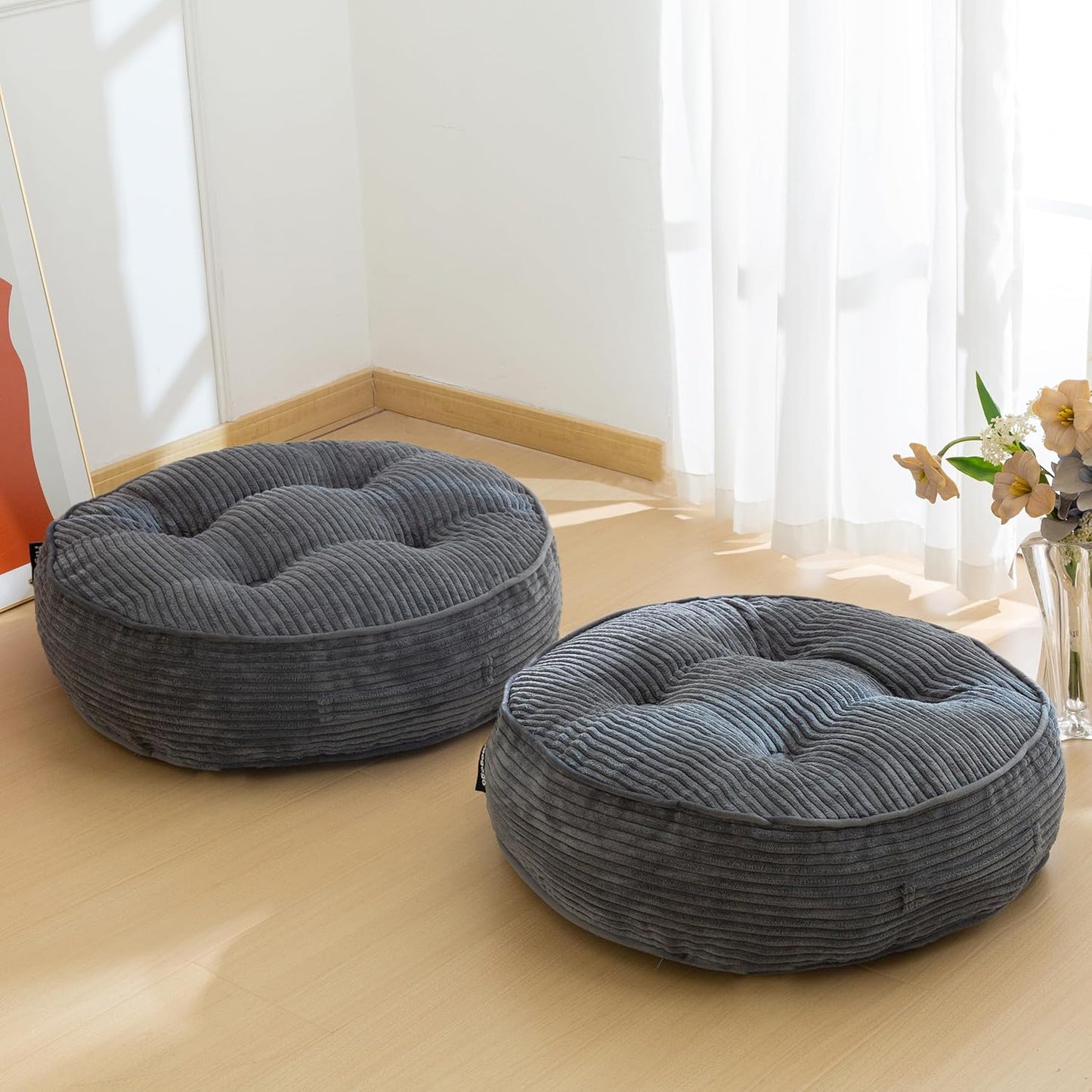 HIGOGOGO Floor Pillow Cushion for Adults, Meditation Cushion Pillow, Large Square Floor Sitting, Tufted Corduroy Cover, for Tatami Living Room or Yoga, 22x22 Inch, Dark Grey