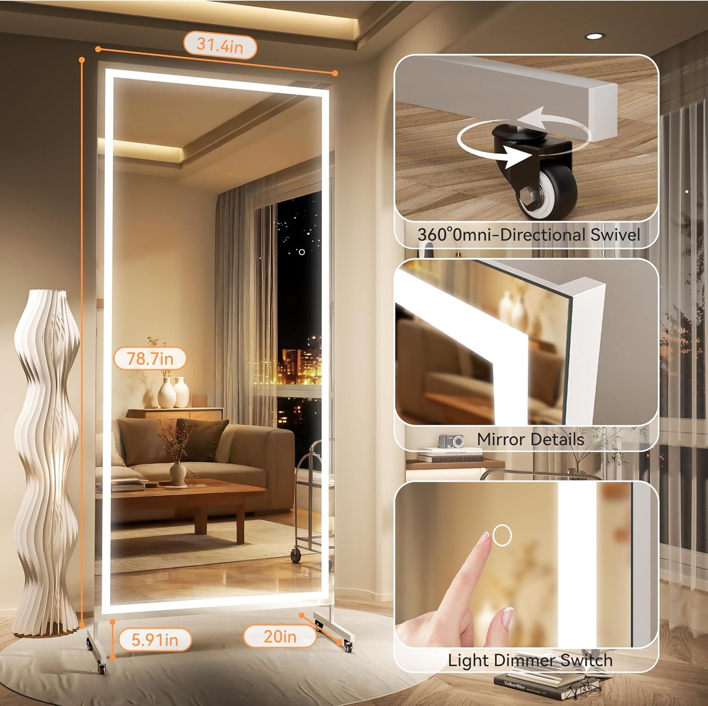 Hasipu Home Gym Mirror with Light 360° Swivel on Wheels, 79" x 32" Extra Large Full Length Rolling LED Mirror for Yoga Studio, Bedroom, Dancing Studio, White