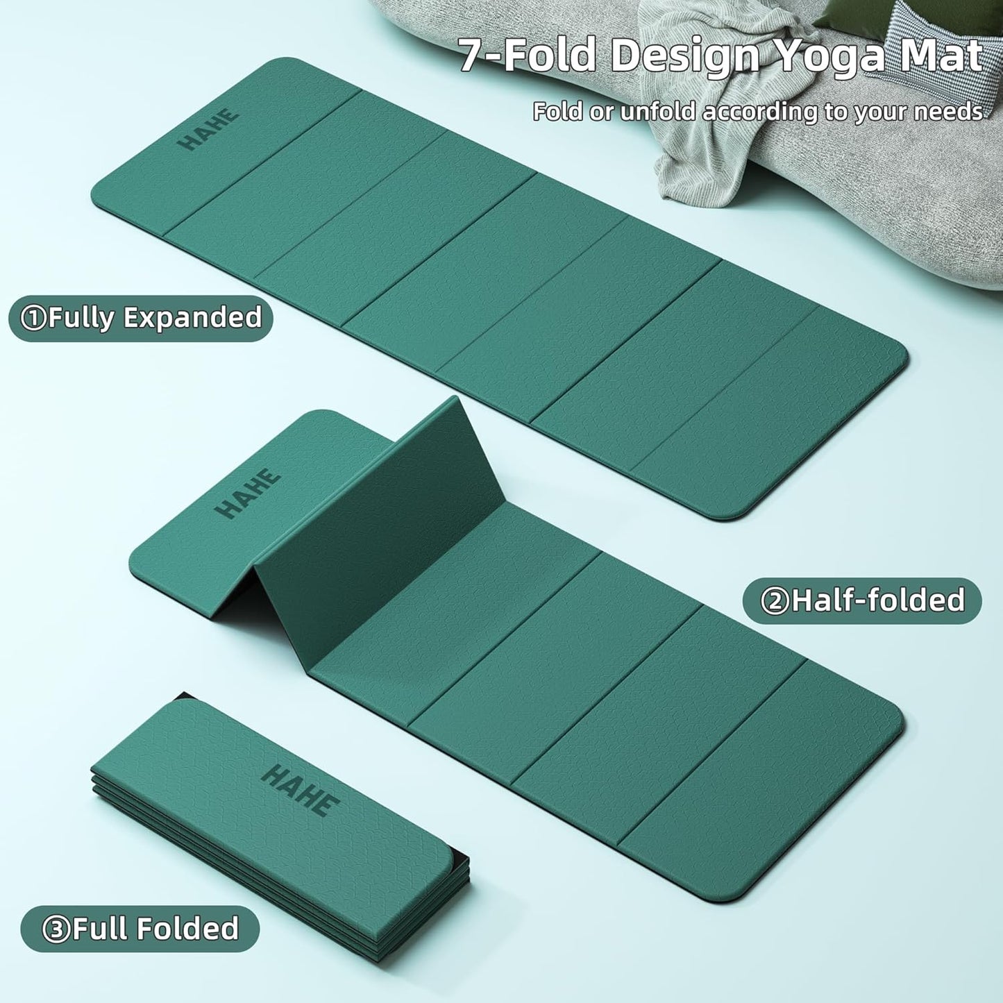HAHE 7-Fold Design Extra Thick Yoga Mat 72"L x 24"W x 0.47",TPE Fitness Exercise Mats, Non-Slip Foldable Yoga Mat, High Density, Portable for Men & Women, Yoga, Pilates, Home Gym