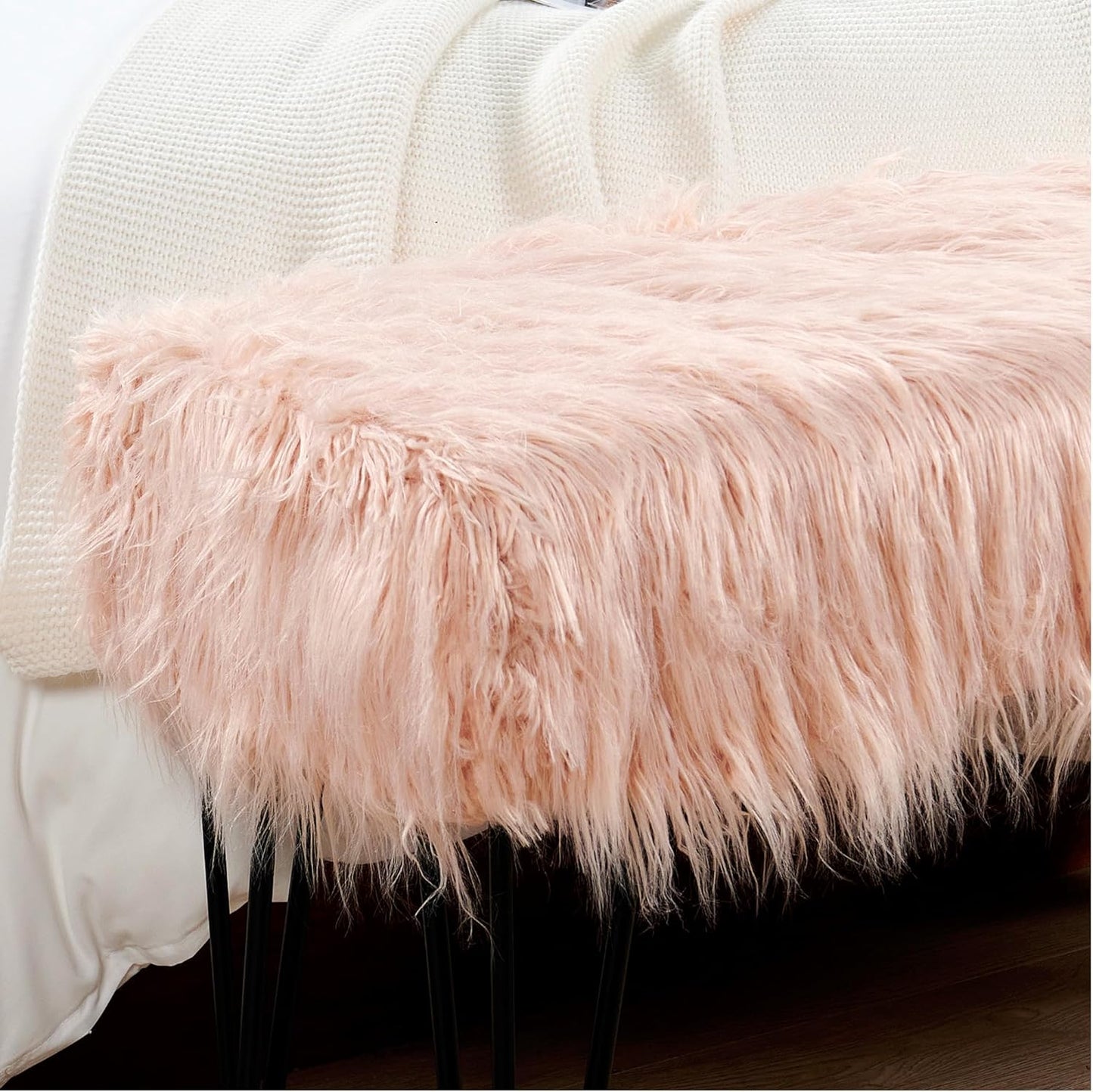 Home Soft Things Green Mongolian Faux Fur Ottoman, Desert Sage, 19'' x 13'' x 17'', Cozy Plush Fluffy Ottoman Foot Rest Stool for Living Room Bedroom Entryway Makeup Bench End of Bed Home Décor