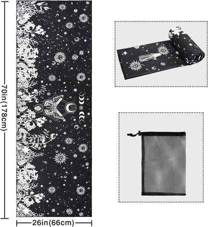Yoga Mat Towel with Corner Pockets - Microfiber Yoga Towels for Hot Yoga Non Slip Moisture Wicking Sweat Absorbent, Tree of Life Yoga Towel Easy for Travel, Use in Hot Yoga,Bikram,Pilates and Fitness