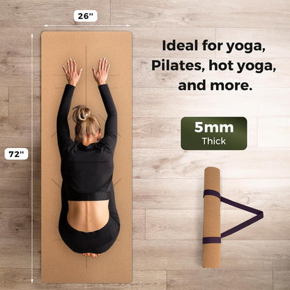 U&M Cork Yoga Mat Non-Slip, Resists Sweat and Odors Exercise Mat with Carrying Strap for Hot Yoga, Pilates, Floor & Fitness Workouts, Fitness Mats Non-Slip Natural Rubber Base & Cork Mat (72'' x 26'' x 5mm Thick)