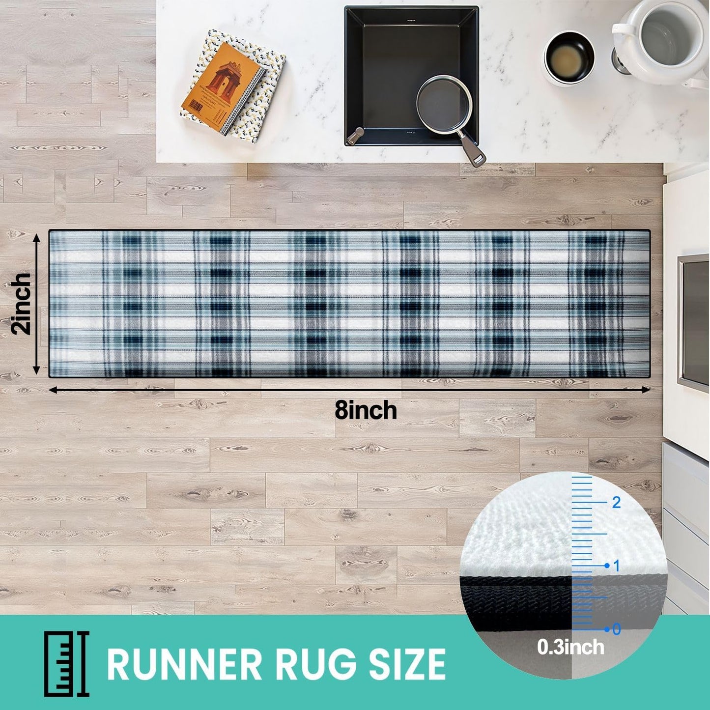 Runner Rug Washable 2x6 White Navy Blue Green Tartan Plaid Scottish Texture from Tartan Plaid Non-Slip Hallway Area Rug Indoor Outdoor Home Decor for Entryway Bathroom Kitchen Carpet Yoga Floor Mat