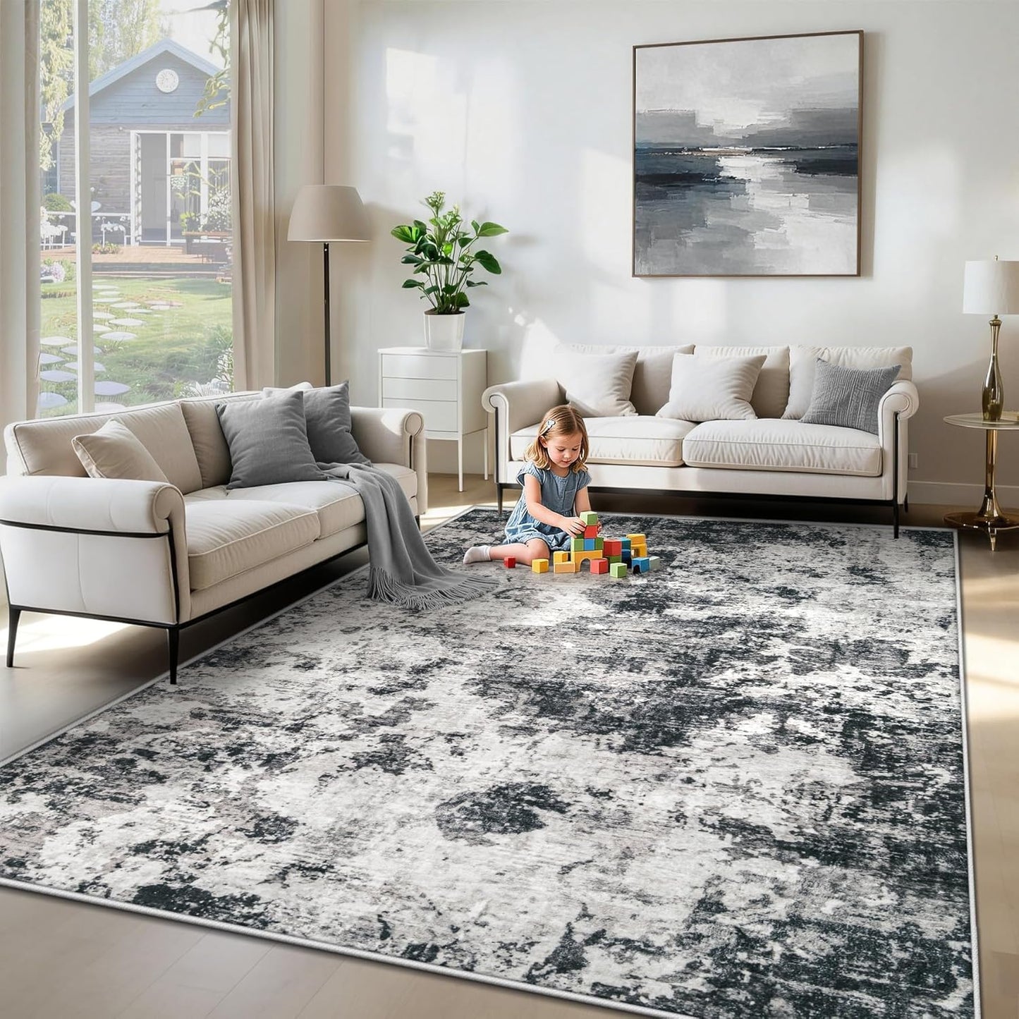 XLUEZ 8x10 Area Rugs for Living Room, Washable Modern Abstract Large Area Rug Neutral Soft Non Slip Kids Rug Stain Resistant Indoor Carpet for Bedroom Nursery Dining Children's Room(Blue, 8'x10')