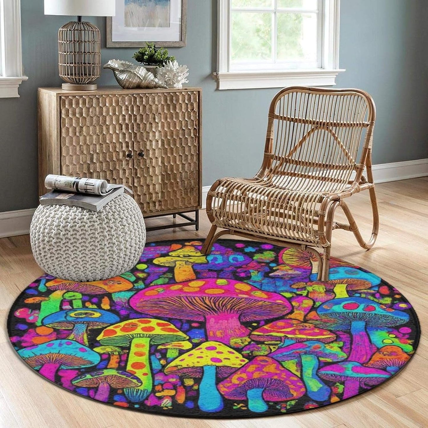 Machine Washable Modern Round Area Rug, Room Sofa Yoga Soft Round Carpet, Home Decor Non Slip Kitchen Office Circle Rug Trippy Rainbow Mushroom Tie Dye Art, 60inch
