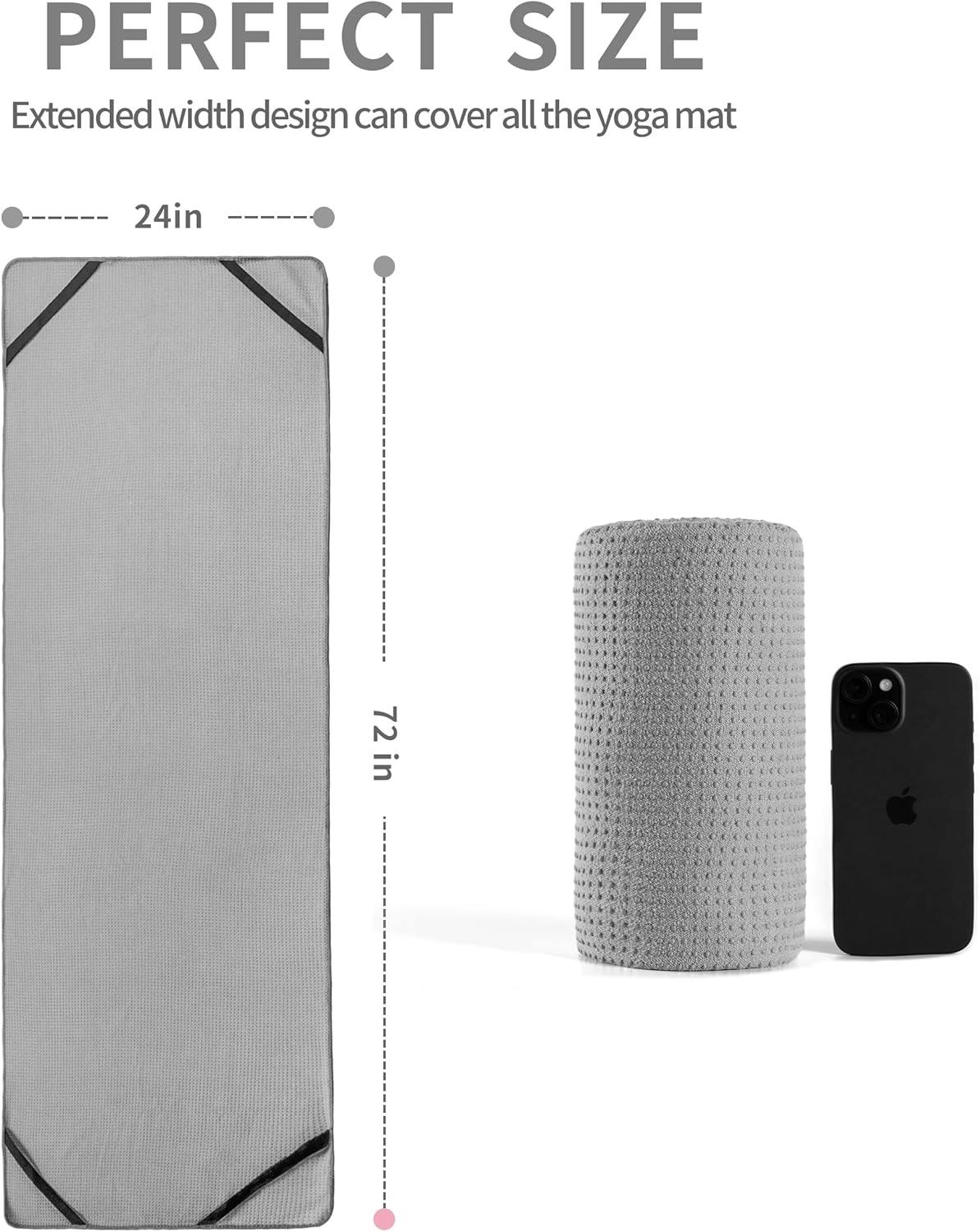 MICROFI Microfiber Hot Yoga Towel Mat, 24 x 72 inches, with Non-Slip Silicone Grip, Secure Fit Elastic Straps (Gray)