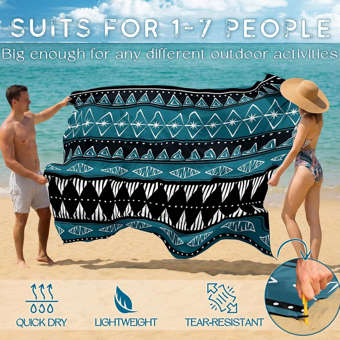 BYDOLL Beach Blanket Waterproof Sandproof Large Sand Free,78''X81''/10'X9' Oversized Sandless Lightweight Blanket Picnic Mat for Beach Travel Camping Hiking with Stakes