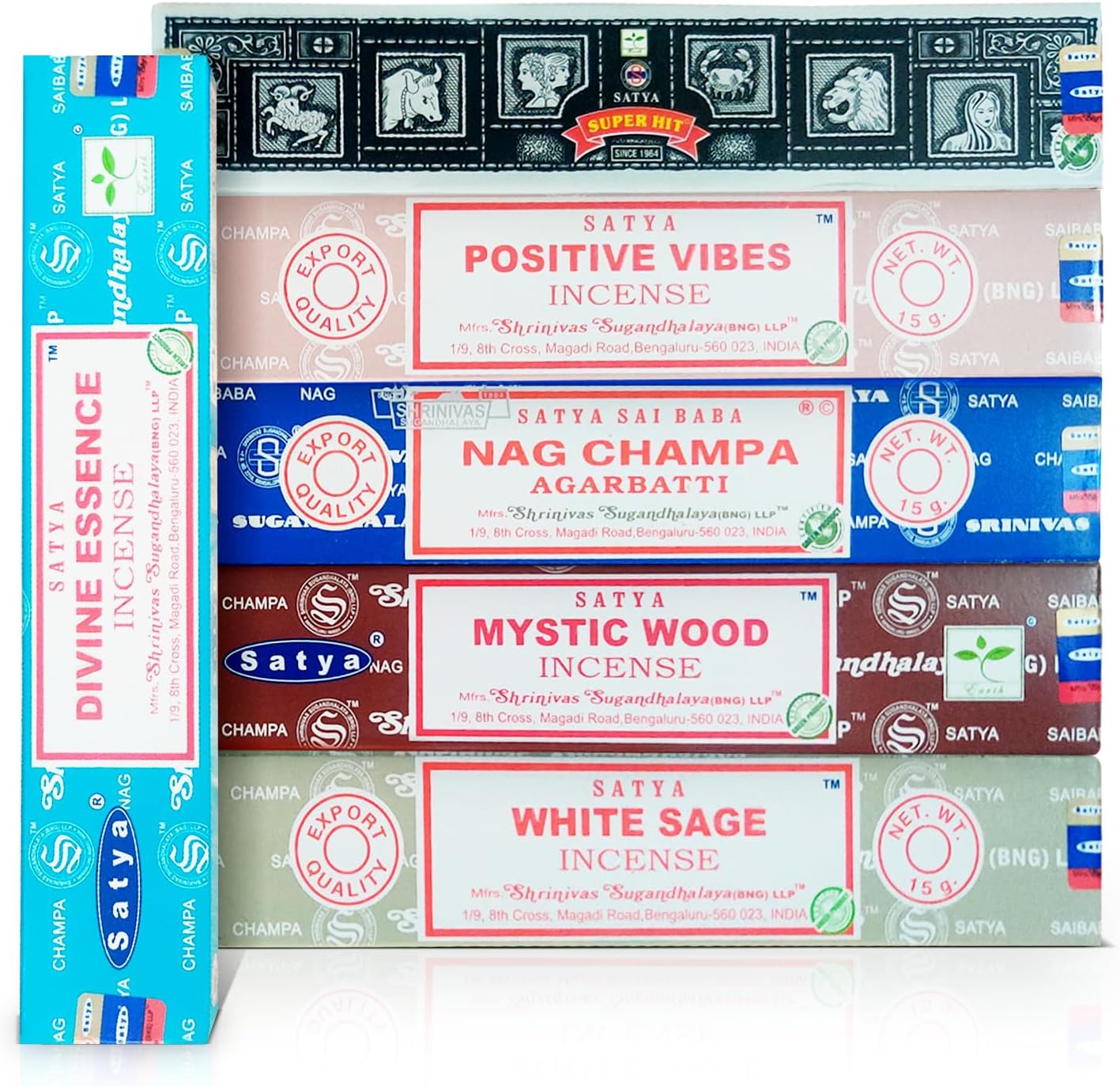 Satya Incense Gift Set Nag Champa, Super hit, Dragon's Blood, Sandalwood, Patchouli, Lavender, Positive Vibes, 15 g