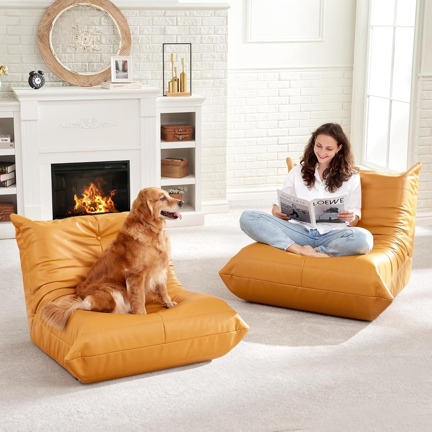 Hobestluk Giant Bean Bag Chair Lazy Floor Sofa, Memory Foam Fireside Sofa for Adults, Big Beanbag Faux Leather Armless Chair for Living Room Bedroom Dorm Office (Brown, Single)