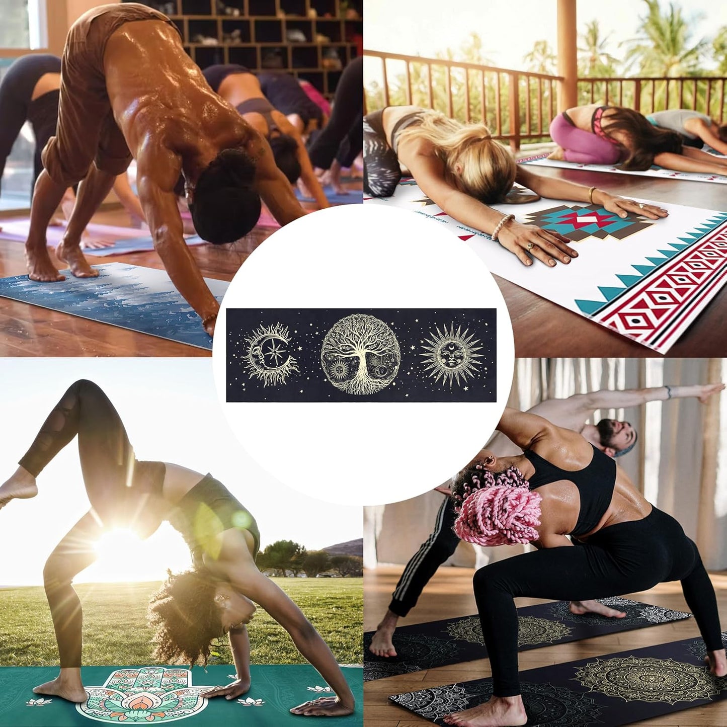 Yoga Mat Towel with Corner Pockets - Microfiber Yoga Towels for Hot Yoga Non Slip Moisture Wicking Sweat Absorbent, Tree of Life Yoga Towel Easy for Travel, Use in Hot Yoga,Bikram,Pilates and Fitness