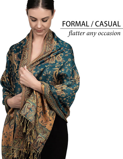 Achillea Reversible Paisley Pashmina Rave Scarf – Exotic Indian Shawls and Wraps for Evening Dresses, Festivals, All Seasons - Colors A