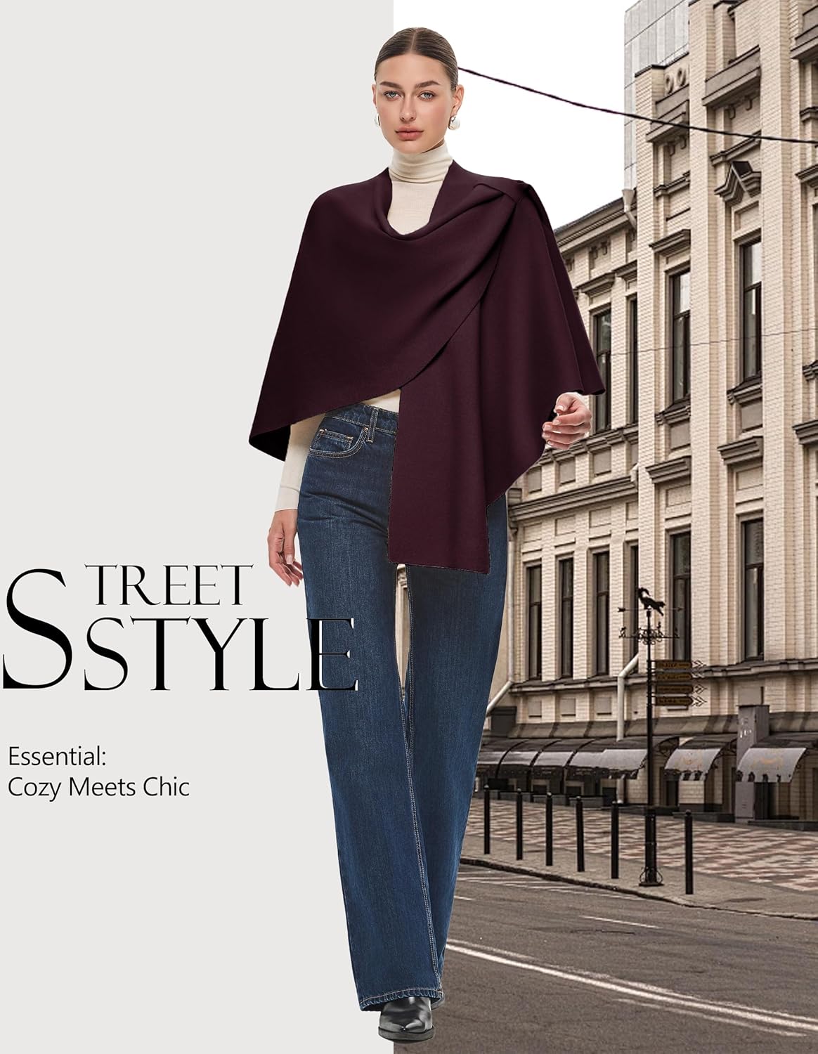 PULI Womens Large Cross Front Poncho Sweater Wrap Topper Knitted Elegant Shawls Cape for Fall Winter