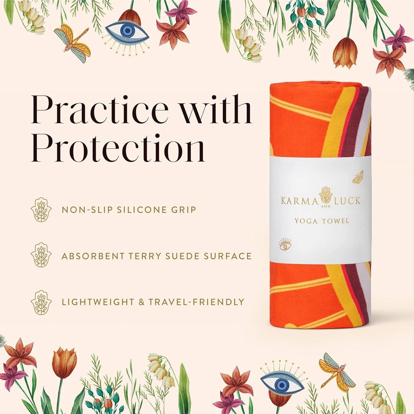 KARMA AND LUCK Radiant Protection Yoga Towel, Absorbent, Non-Slip Hot Yoga Mat Towel, Silicone Grip & Soft Terry Suede for Spiritual Energy Shield & Clarity, 26” x 72”