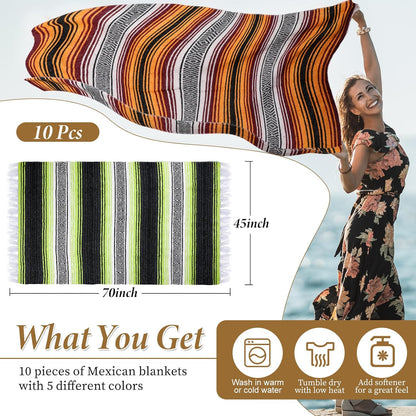 Preboun 10 Pieces Mexican Blanket Bulk Authentic Woven Yoga Blanket Large Picnic Camping Rug Colorful Striped Serape for Beach Outdoor Grass Car Home(Multi Color)
