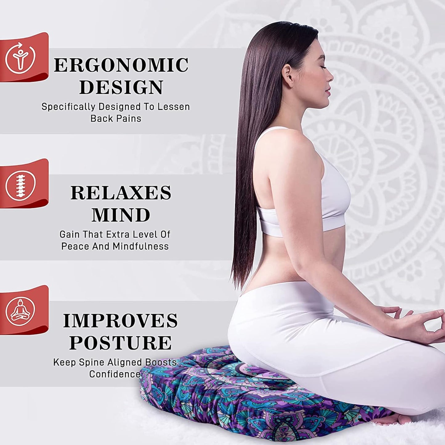 Mandala Meditation Cushion, Boho Meditation Mat, Meditation Pillows for Sitting on Floor, Cushions for Sitting in Home and Outdoor, Round Floor Pillows Cushion Seating for Yoga Accessories 22'' X 22''