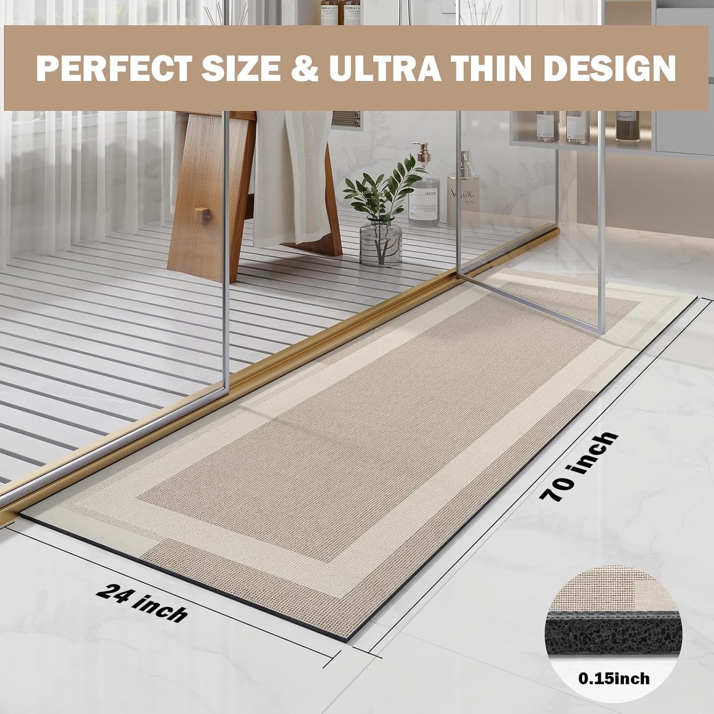 YDKGL Non Slip Long Bath Mat Bathroom Runner, Rubber Backing Ultra Thin Bathroom Rugs Fit Under Door Quick Dry Super Absorbent Washable Bath Rug Shower Mat for Bathtub Sink Floor, Dark Gray 17"x47"