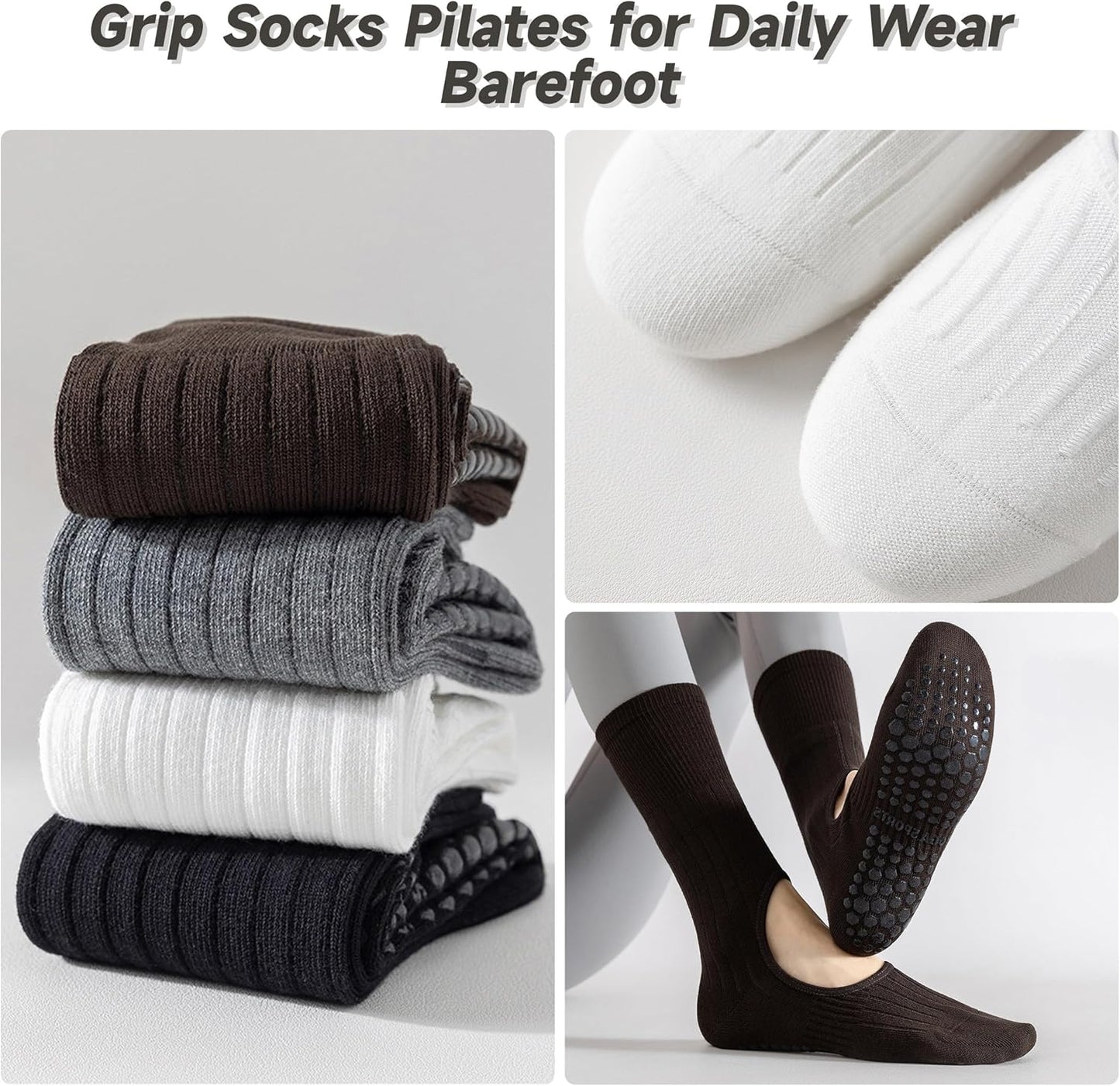 Grip Socks Pilates,4/6Pairs Cotton Cute Pilates Socks for Women, Ruffle Grippy Sock for Yoga Barre Hospital 5-10in