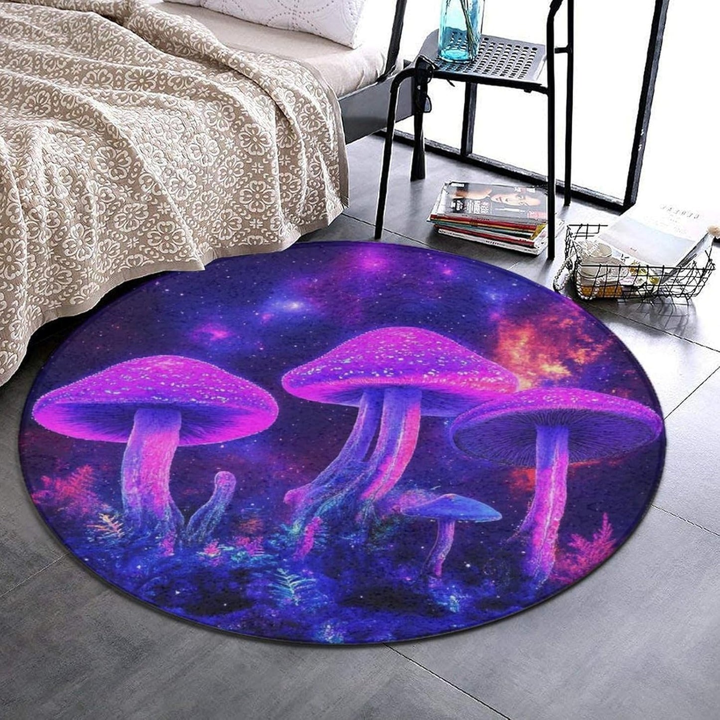 Machine Washable Modern Round Area Rug, Room Sofa Yoga Soft Round Carpet, Home Decor Non Slip Kitchen Office Circle Rug Trippy Rainbow Mushroom Tie Dye Art, 60inch