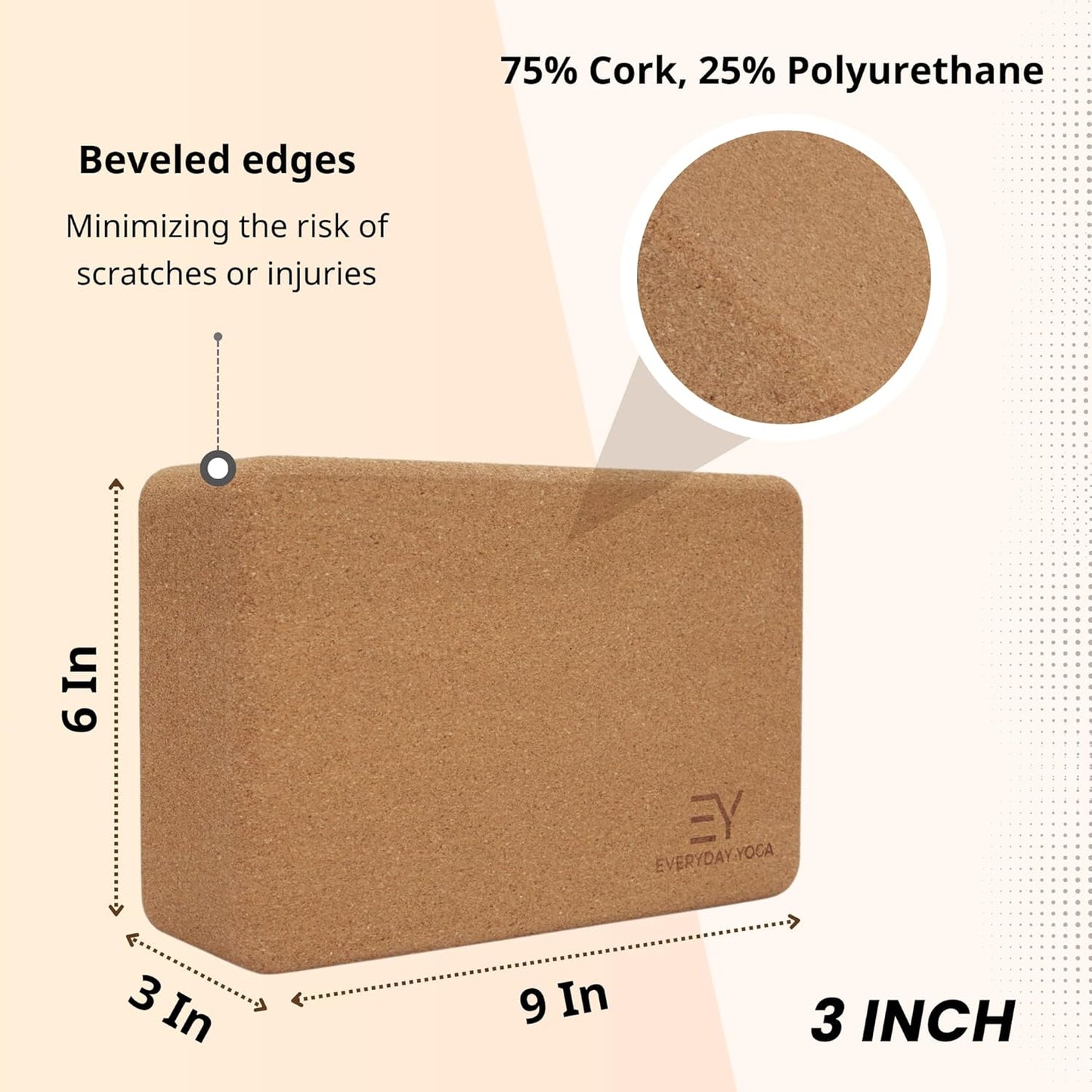 Everyday Yoga Premium Cork Block - Natural Cork, Improve Strength, Flexibility with Soft Brick Workout Handstand, (Single)