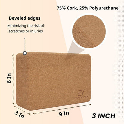 Everyday Yoga Premium Cork Block - Natural Cork, Improve Strength, Flexibility with Soft Brick Workout Handstand, (Single)