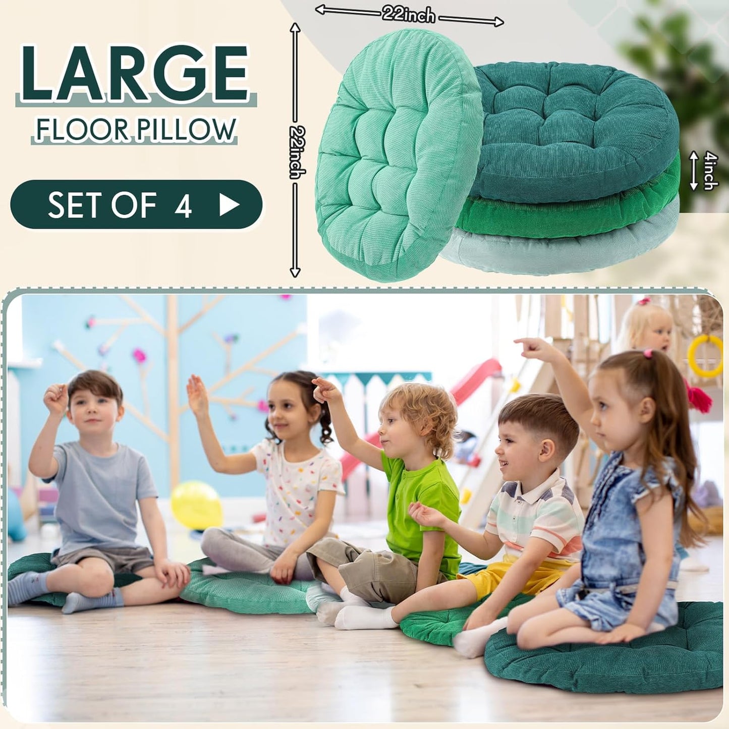 Jerify Floor Pillow Cushions Large Round Square Large Meditation Floor Pillow for Classroom Adult Meditation Picnic Party Seating Learning Daycare School(Square,Mixed Colors,4 Pcs)