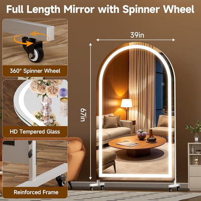 Hasipu 71" x 28" Arched Rolling Home Gym Mirror with Wheels, 360° Swivel Body Mirror with HD Tempered Glass, Large Floor Mirror for Yoga Room, Dance Studio, Bedroom & Home Gym