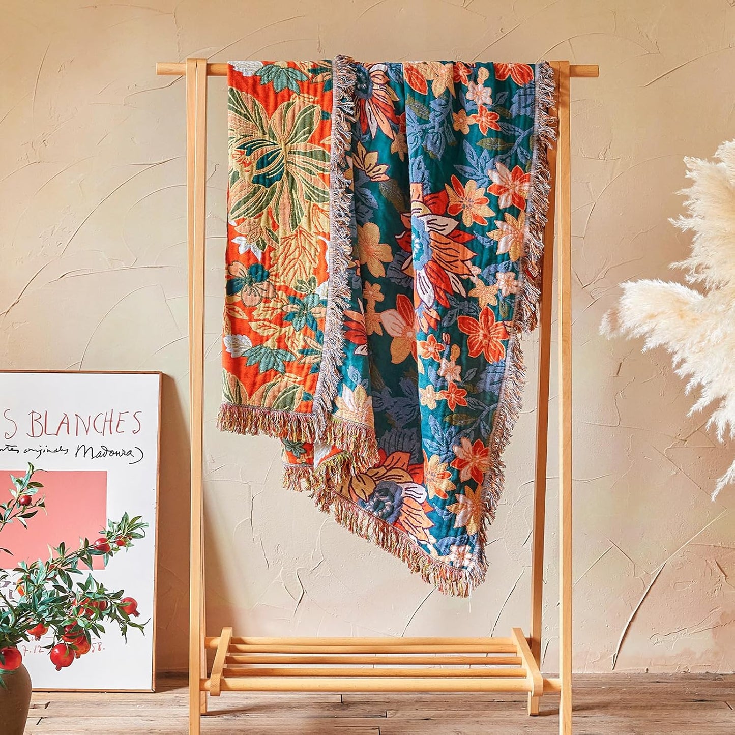Boho Throw Blanket - 100% Cotton Soft Summer Throw Blanket for Bed, 50"x60" Reversible Breathable Lightweight Blankets, All Seasons Farmhouse Decor Floral Plant Butterfly Throw Quilt