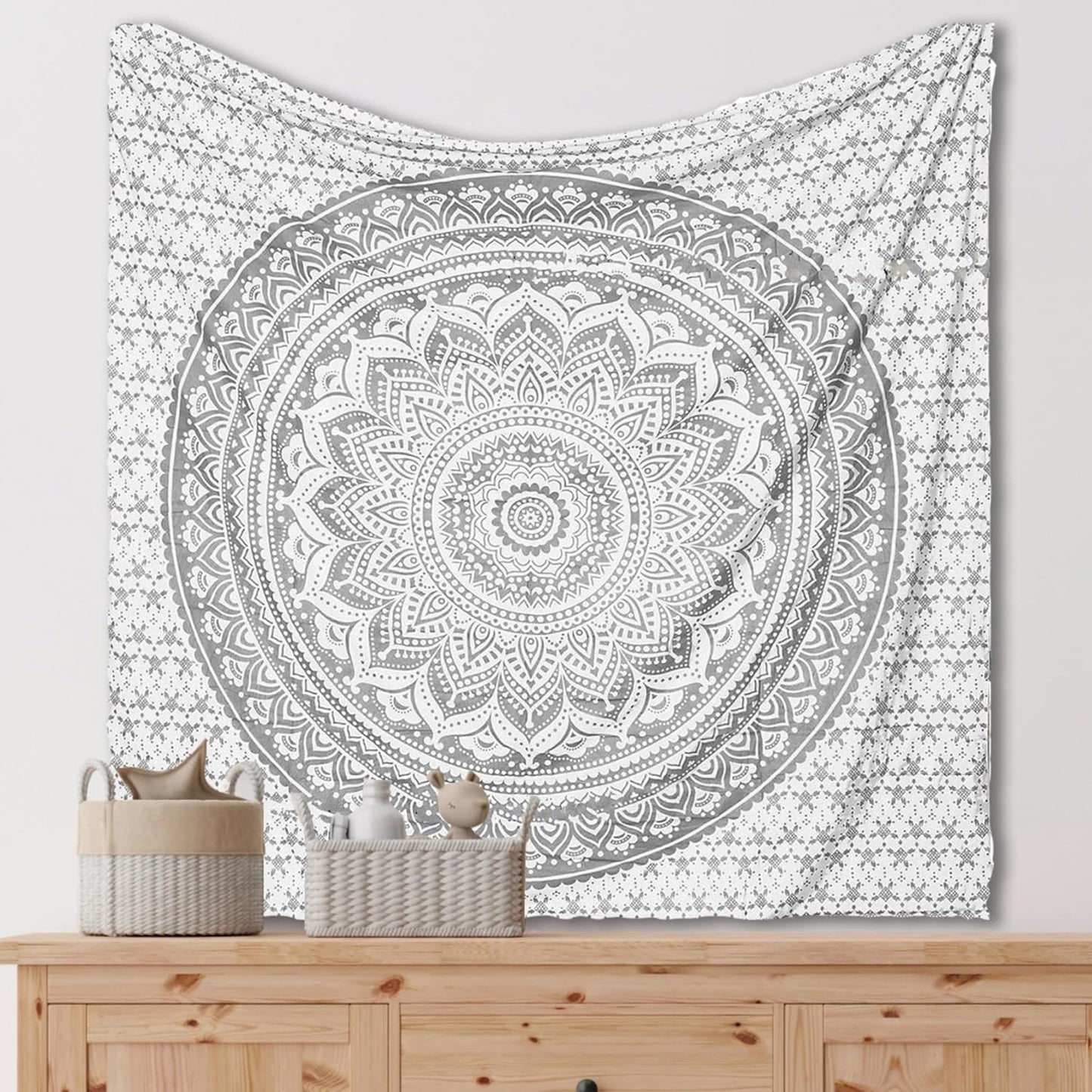 THE ART BOX Original Gold Tapestry Wall Hanging Mandala – Cotton Throw Tapestry – Boho Bedding White and Gold Medium Bedspread 54x60 Inches – Meditation & Yoga Rug Mat