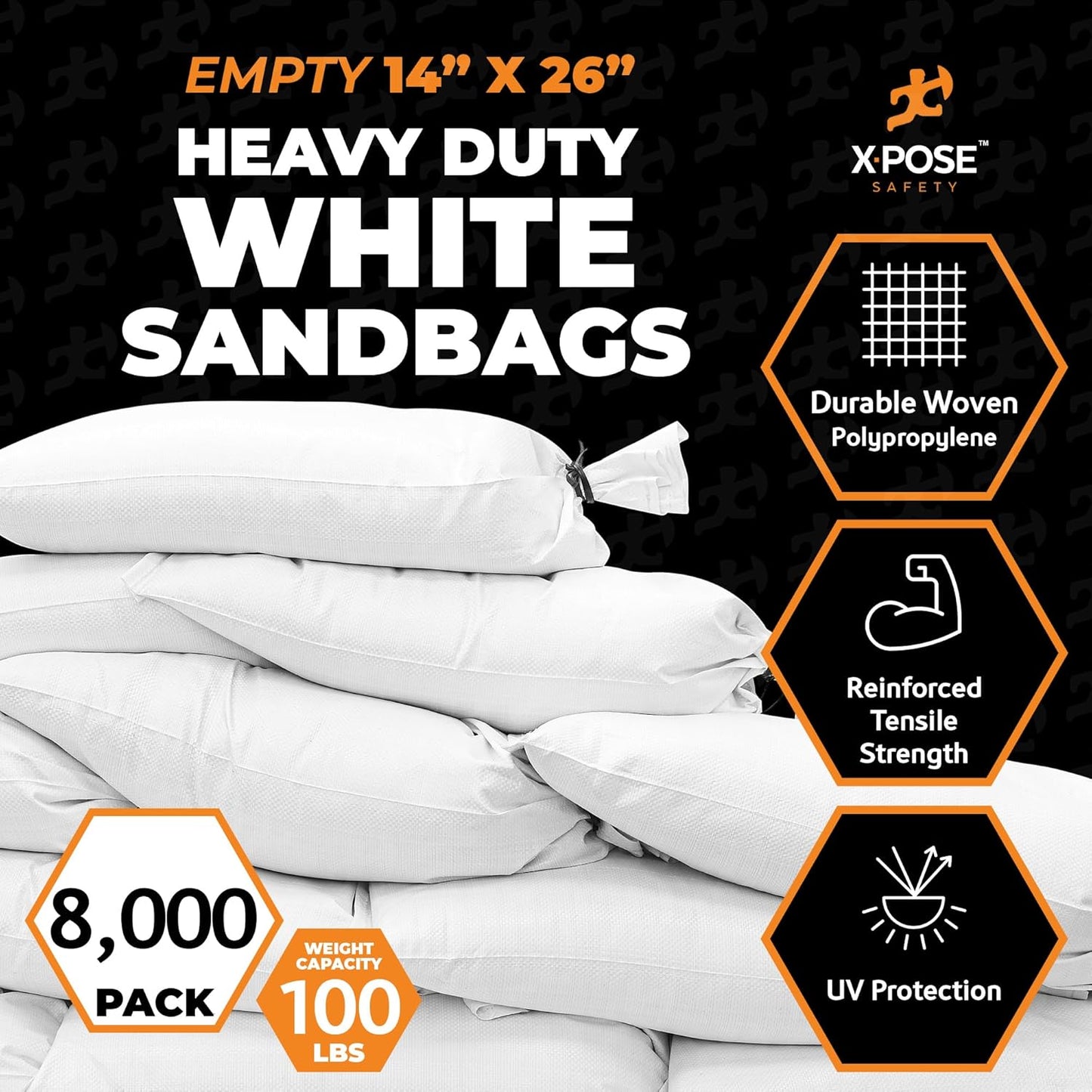 Xpose Safety Heavy Duty Sand Bags with Tie Strings – Empty Woven Polypropylene Sandbags for Hurricane Flood Protection, 100 lb Capacity, 14" x 26", Black, Pack of 10
