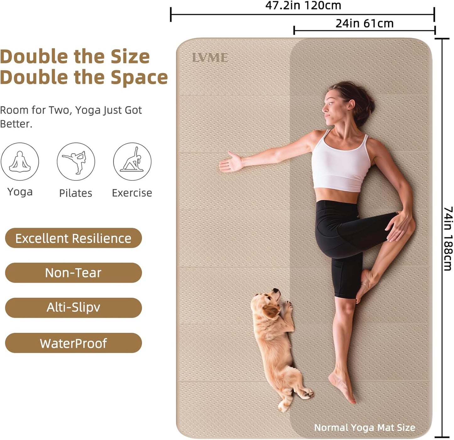 Large Yoga Mat, 74"x47.2" Extra Wide & Long Foldable Yoga Mat, 0.4" Thick Folding Yoga Mat, 2-Person Workout Mat for Home Gym, Extra Large Non-Slip Fitness Mat for HIIT, Yoga, Stretching, Portable Design for Easy Storage
