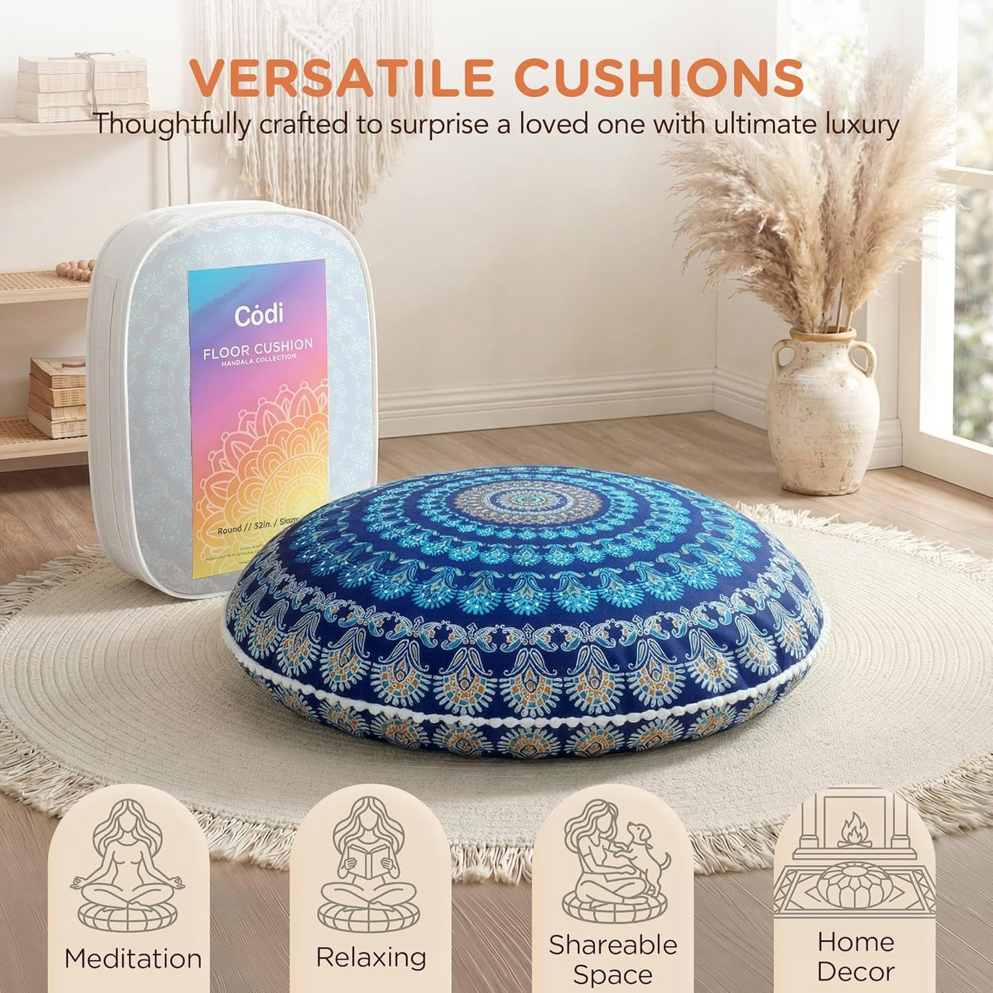 Codi Meditation Floor Pillow Set of 2, Round Large Pillows Seating for Adults, Bohemian Mandala Circle Cushion for Outdoor Fireplace Yoga Living Room, 32 Inch, Memory Foam Added, Purple Orchid NEW