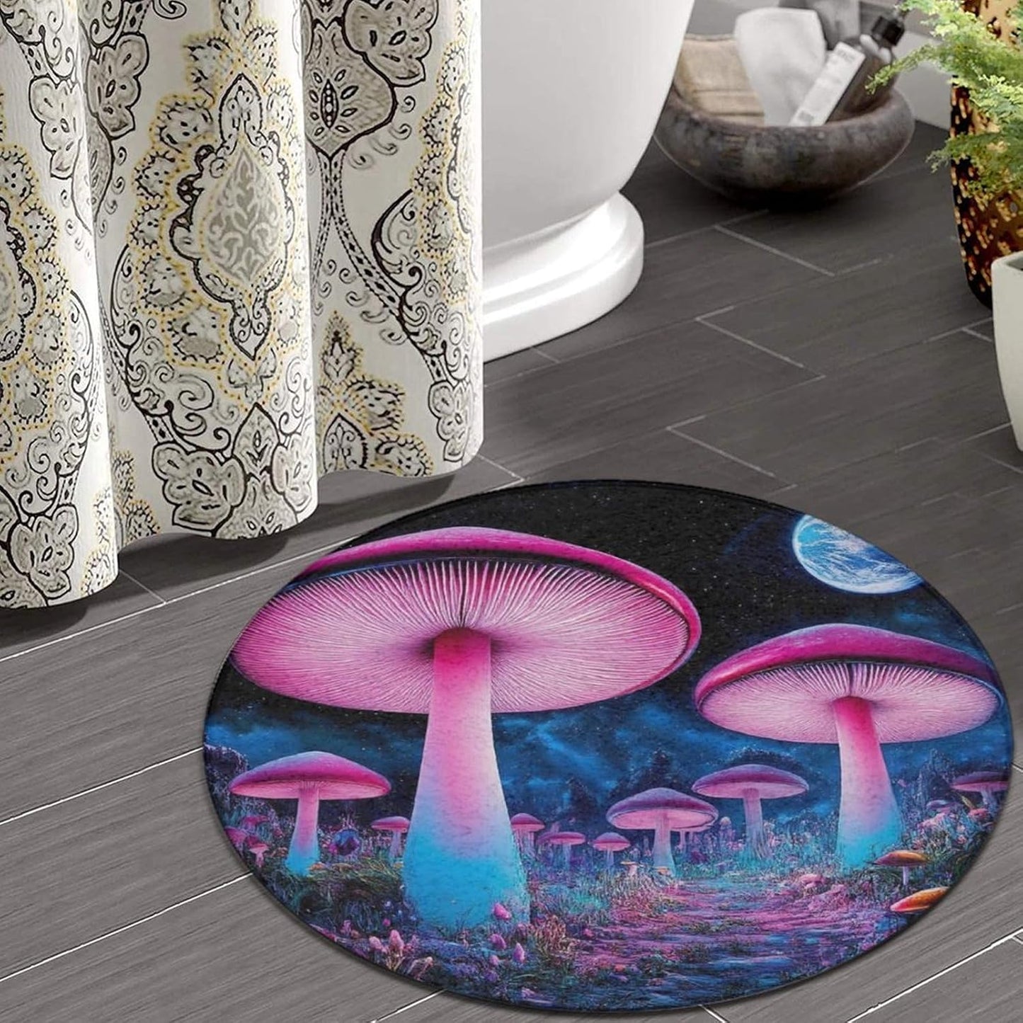 Machine Washable Modern Round Area Rug, Room Sofa Yoga Soft Round Carpet, Home Decor Non Slip Kitchen Office Circle Rug Trippy Rainbow Mushroom Tie Dye Art, 60inch