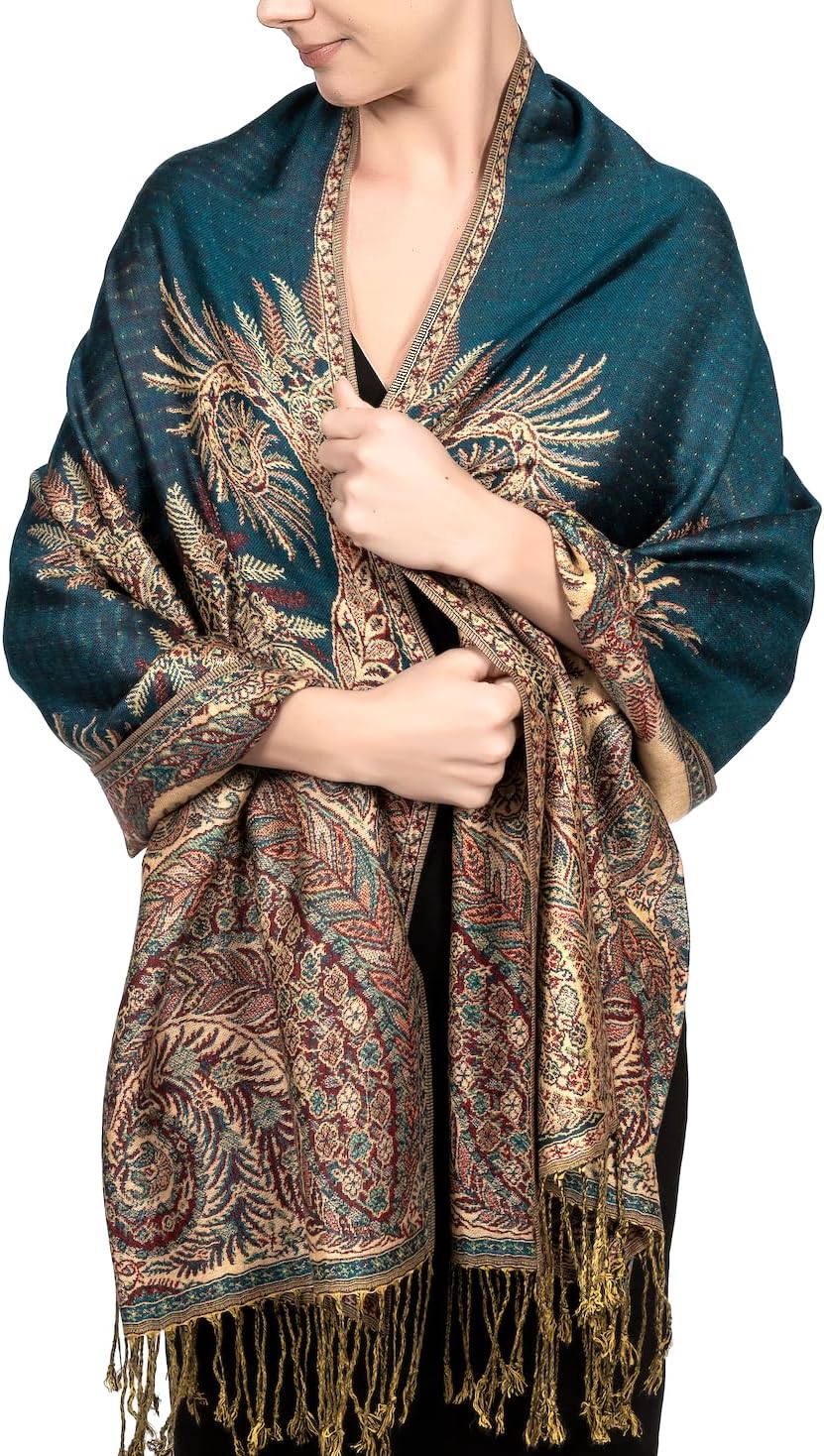 Achillea Reversible Paisley Pashmina Rave Scarf – Exotic Indian Shawls and Wraps for Evening Dresses, Festivals, All Seasons - Colors A