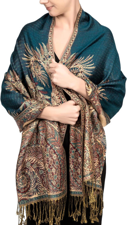 Achillea Reversible Paisley Pashmina Rave Scarf – Exotic Indian Shawls and Wraps for Evening Dresses, Festivals, All Seasons - Colors A