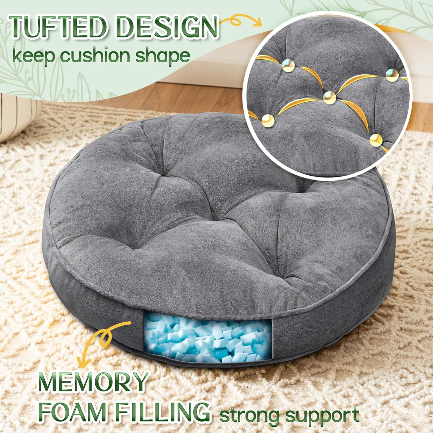 1 MIDDLE ONE Floor Pillow Set of 2, Memory Foam Meditation Cushion, Floor Cushions for Adults Sitting, Large Square Seat Cushions for Yoga, Living Room, 20x20 Inch (Grey)
