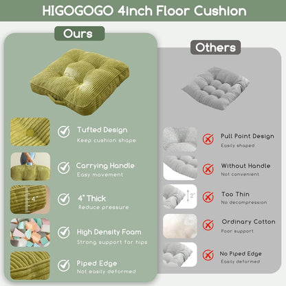 HIGOGOGO Floor Pillow Cushion for Adults, Meditation Cushion Pillow, Large Square Floor Sitting, Tufted Corduroy Cover, for Tatami Living Room or Yoga, 22x22 Inch, Dark Grey