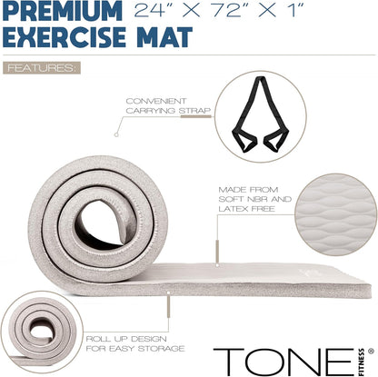 Tone Fitness 1-Inch Thick Yoga Mat | High-Density, Non-slip Exercise Mat with Carrying Strap for Yoga, Pilates, & Home Gym Workouts | Multiple Options