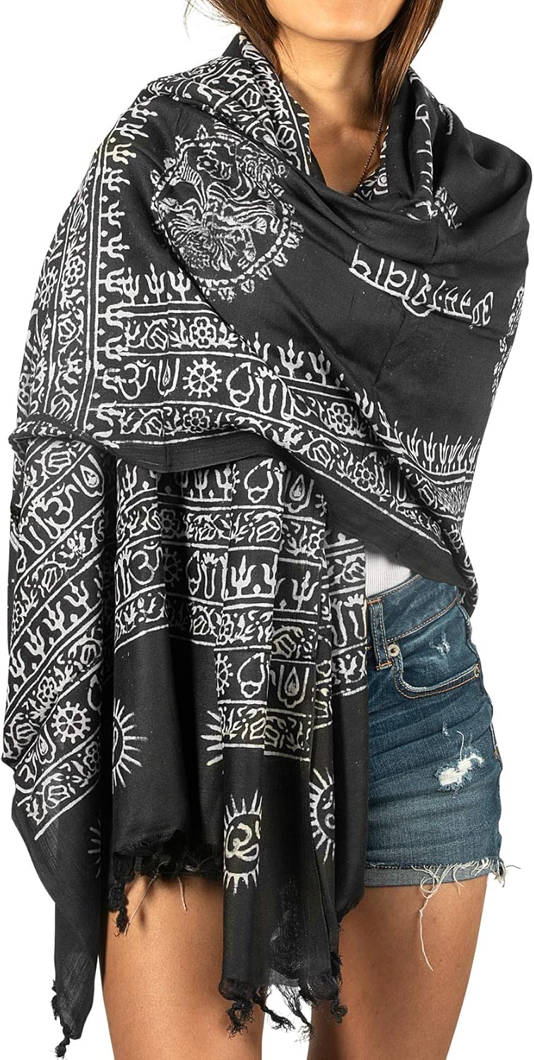 Tribe Azure Fair Trade Large Scarf Wrap Yoga Soft Cotton Mix Hand Printed Boho Bohemian White Black Yellow