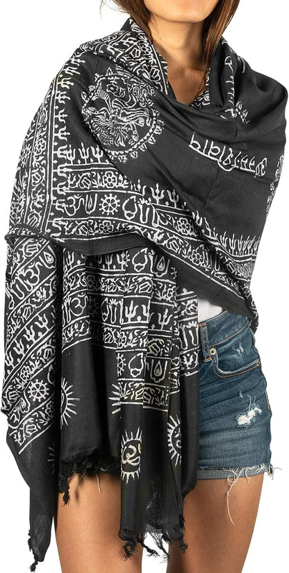 Tribe Azure Fair Trade Large Scarf Wrap Yoga Soft Cotton Mix Hand Printed Boho Bohemian White Black Yellow