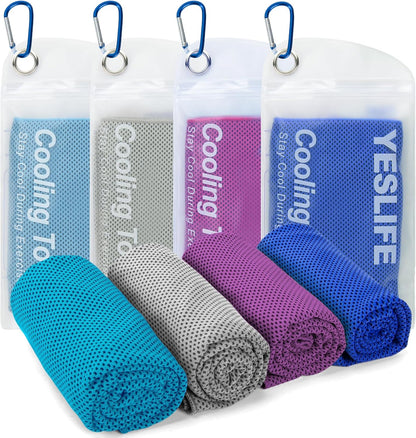 YESLIFE 4 Pack Cooling Towels 40"x12", Gym Towels for Men and Women, Soft Breathable Workout Towels for Yoga, Running, Sport, Workout, Camping, Fitness & More (Blue, Grey, Green, Pink)