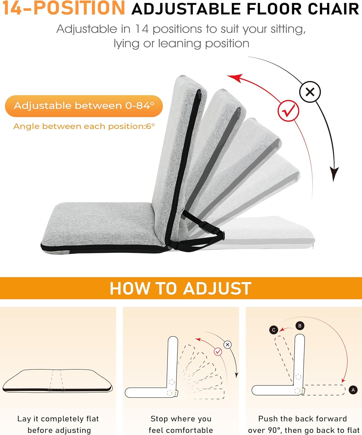 Floor Chair with Back Support 14-Position Adjustable Floor Chair Portable Ground Seating for Adults & Kids Foldable Meditation Seat with Japanese KOYO Bearings & Washable Linen Cover (Coffee)