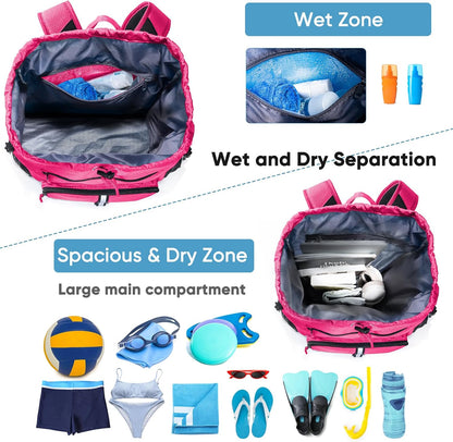 Large Beach Backpack Waterproof Sandproof - Customized Oversized Drawstring Pool Bag with Shoe Compartment for Toiletries, Towels, Gym, Travel