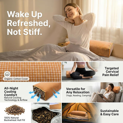 Adjustable Buckwheat Hull Pillow for Neck Pain Relief (21x8x4in) Natural Cooling Cervical Support Organic Pillow for Side & Back Sleepers with Night Sweats (Grey)