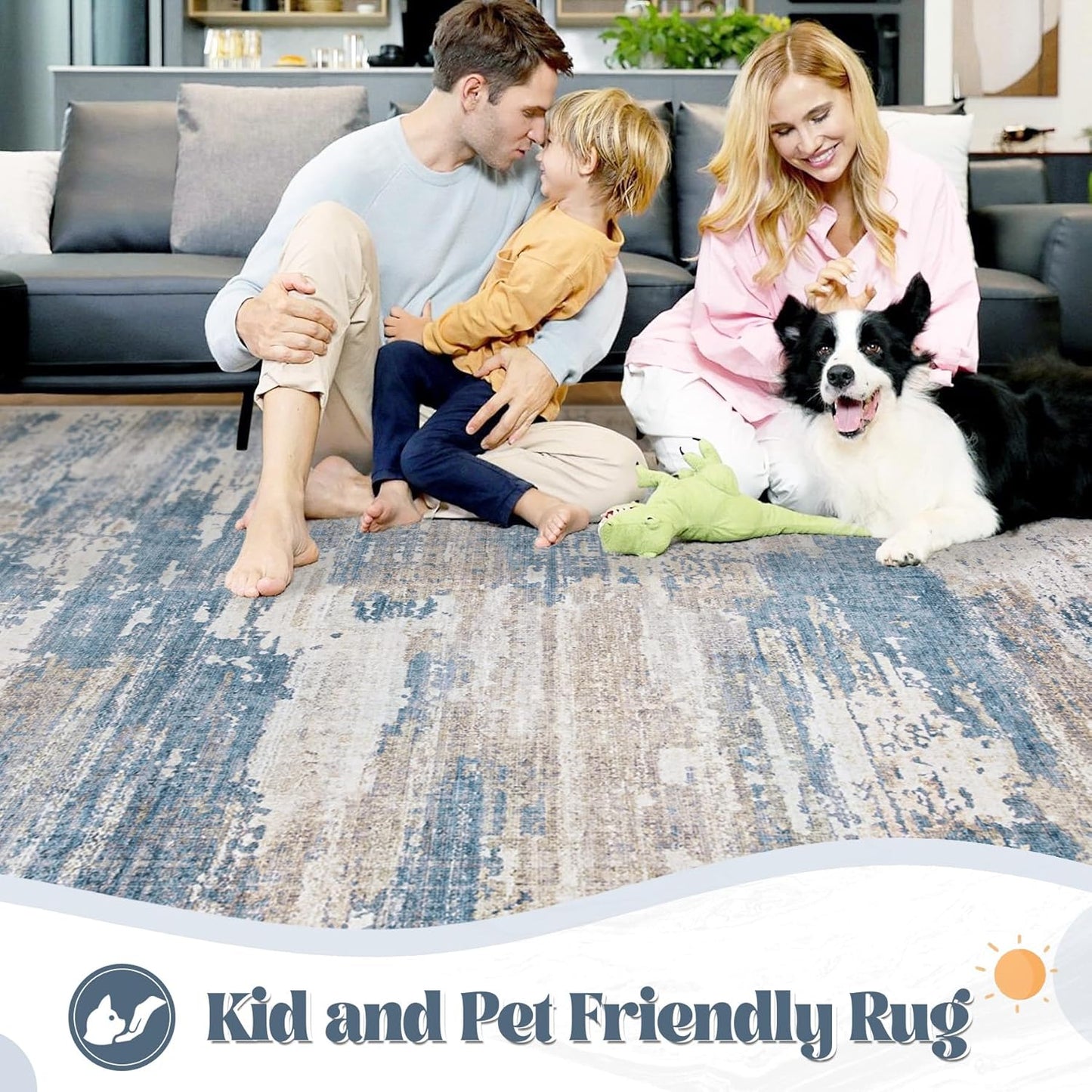 XLUEZ 8x10 Area Rugs for Living Room, Washable Modern Abstract Large Area Rug Neutral Soft Non Slip Kids Rug Stain Resistant Indoor Carpet for Bedroom Nursery Dining Children's Room(Blue, 8'x10')