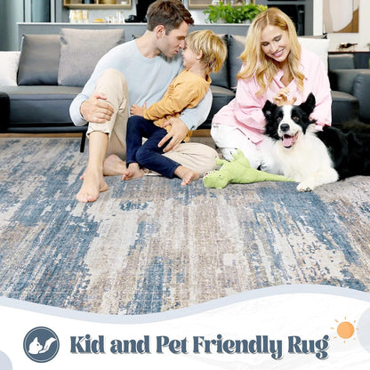 XLUEZ 8x10 Area Rugs for Living Room, Washable Modern Abstract Large Area Rug Neutral Soft Non Slip Kids Rug Stain Resistant Indoor Carpet for Bedroom Nursery Dining Children's Room(Blue, 8'x10')