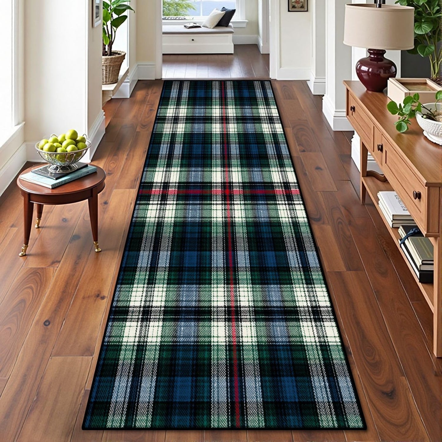 Runner Rug Washable 2x6 White Navy Blue Green Tartan Plaid Scottish Texture from Tartan Plaid Non-Slip Hallway Area Rug Indoor Outdoor Home Decor for Entryway Bathroom Kitchen Carpet Yoga Floor Mat