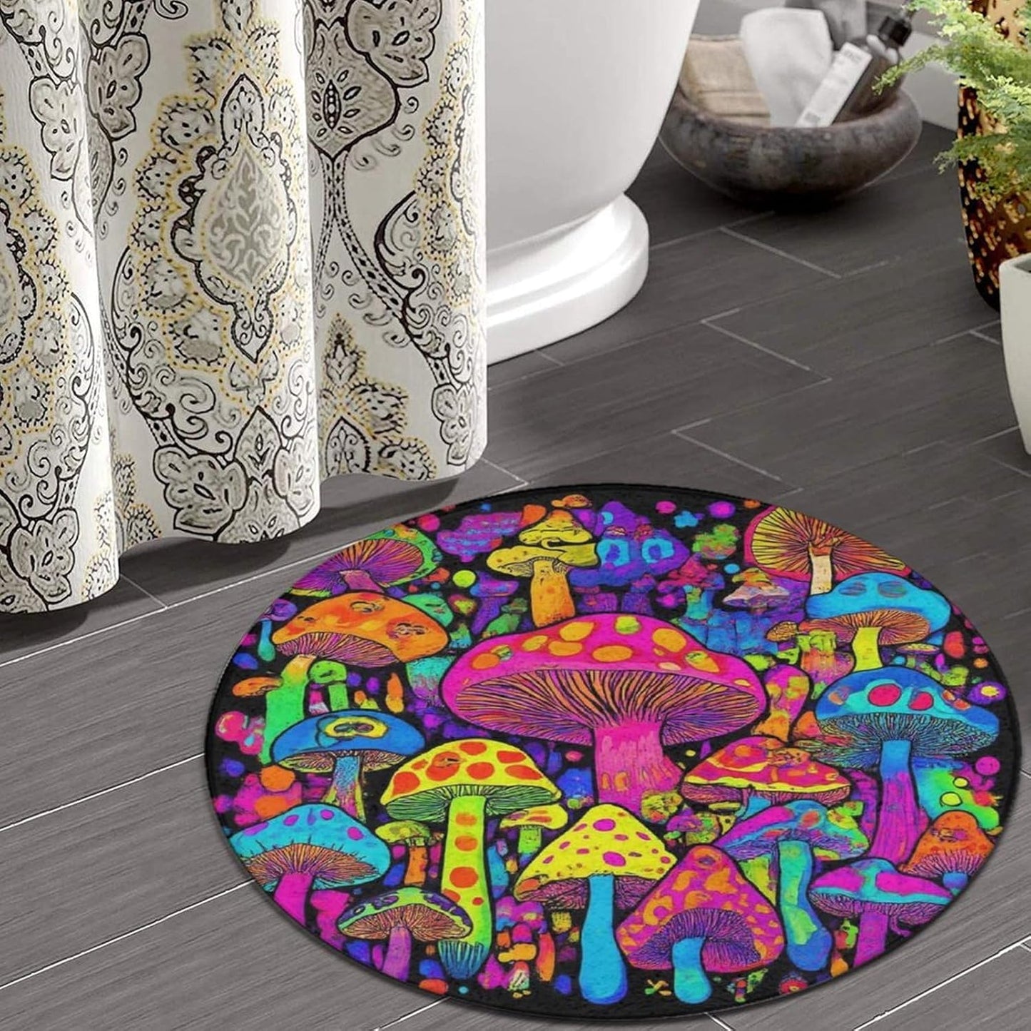Machine Washable Modern Round Area Rug, Room Sofa Yoga Soft Round Carpet, Home Decor Non Slip Kitchen Office Circle Rug Trippy Rainbow Mushroom Tie Dye Art, 60inch