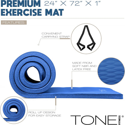Tone Fitness 1-Inch Thick Yoga Mat | High-Density, Non-slip Exercise Mat with Carrying Strap for Yoga, Pilates, & Home Gym Workouts | Multiple Options