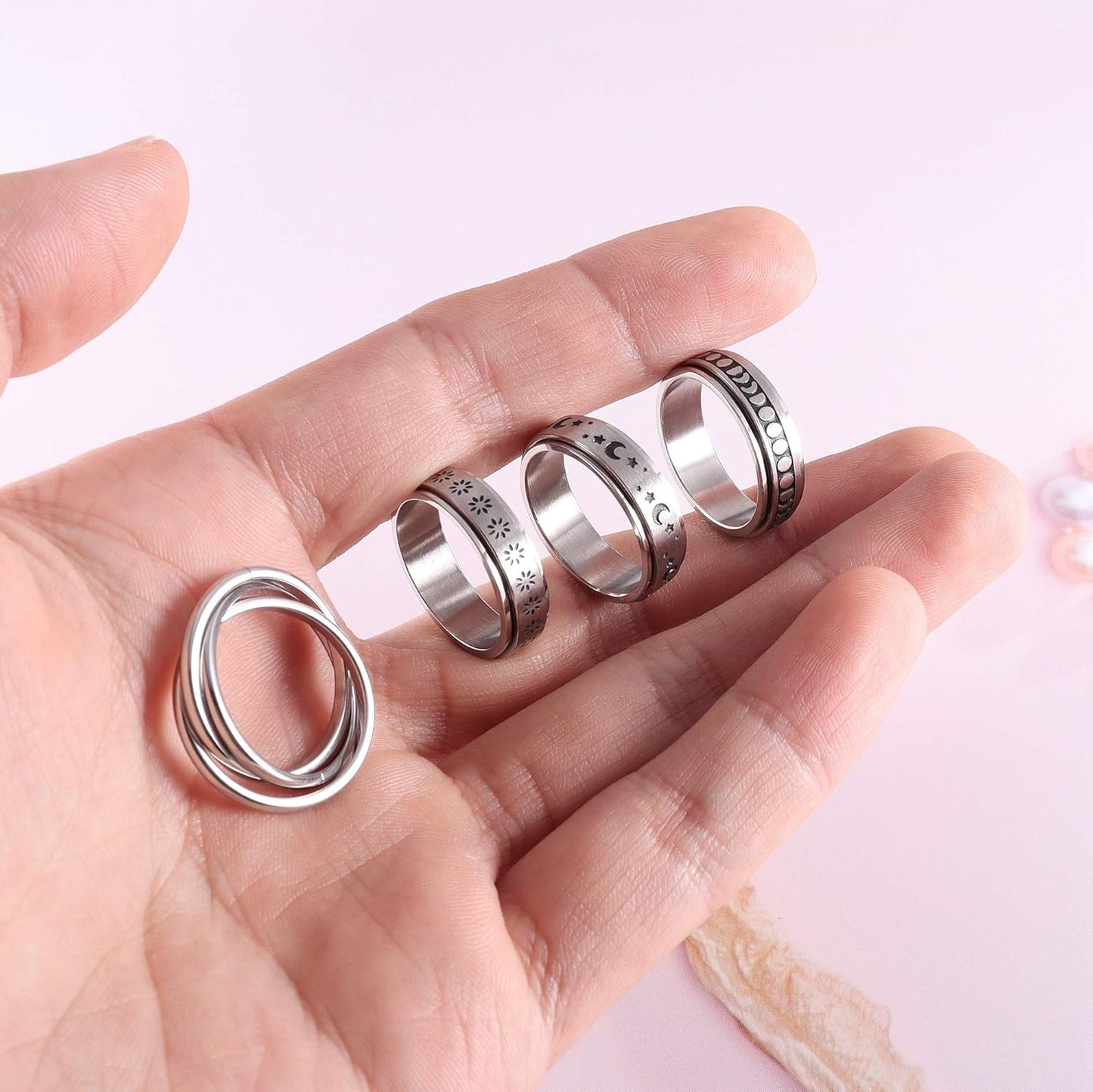 FUNRUN JEWELRY Stainless Steel Fidget Anxiety Ring for Women Men Fidget Spinner Rings Moon Star Celtic Stress Relieving Spinning Ring Wedding Band Rings Set,4-6Pcs